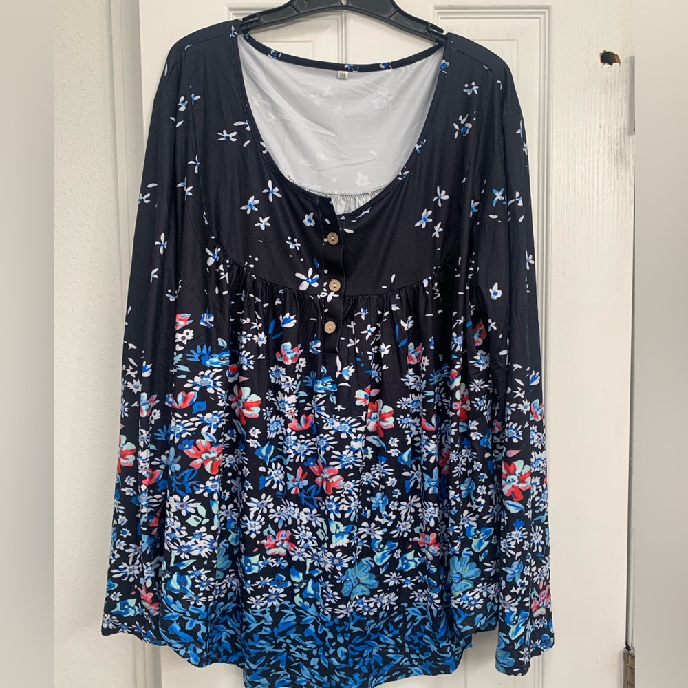 **Blue Long Sleeve Buttoned Blouse 3XL